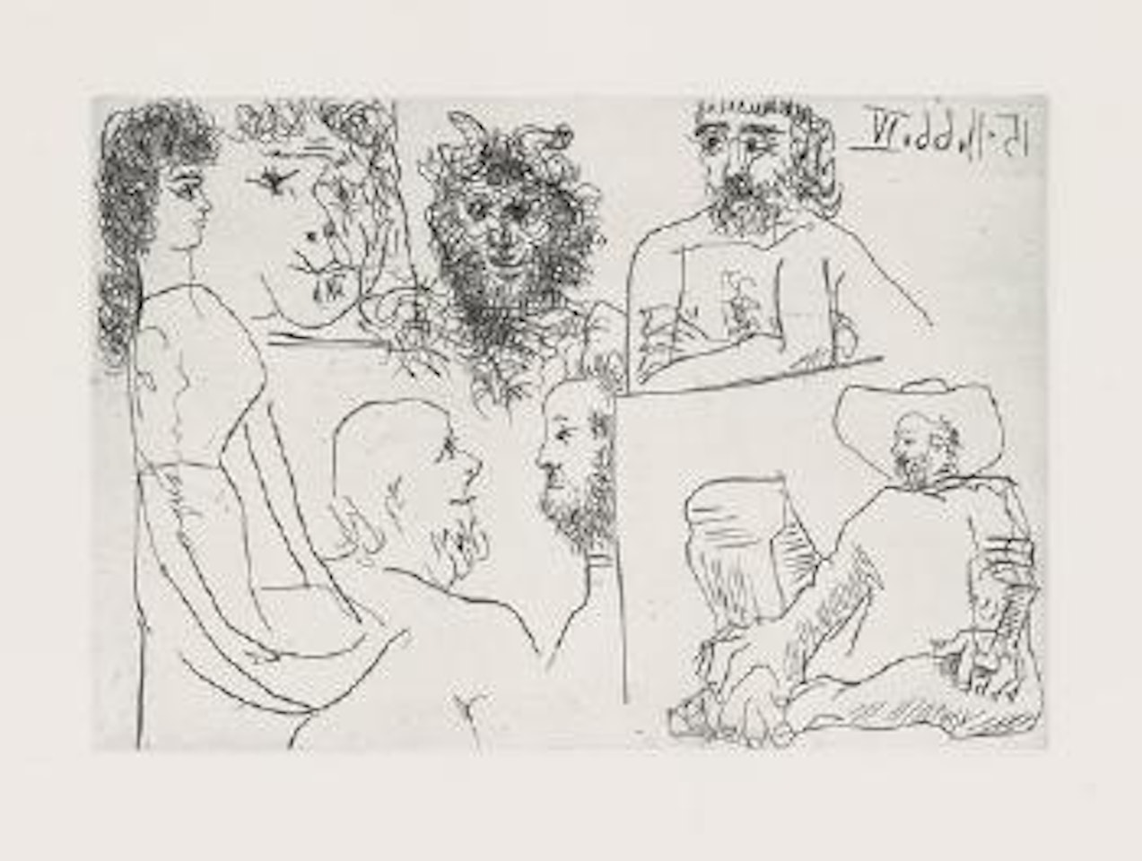 Femme, Faune et hommes barbus, regardant des tableaux by Pablo Picasso