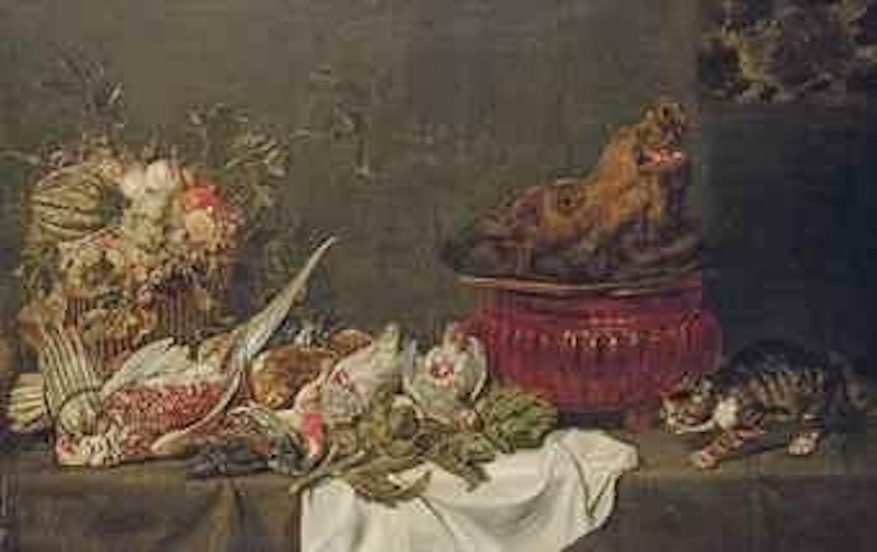 A boar's head on a platter with a pheasant, partridges, snipes and other birds with artichokes and asparagus, grapes, pears and other fruit in a wicker basket, and cats by Paul de Vos