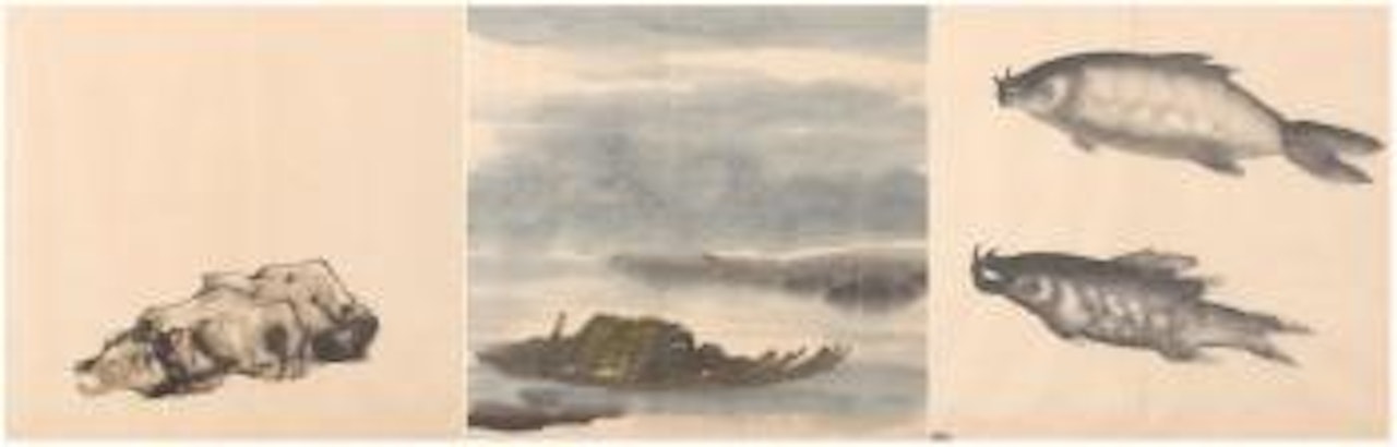 Poissons. Rocher de méditation. Bateau de pêcheur by Lin Fengmian