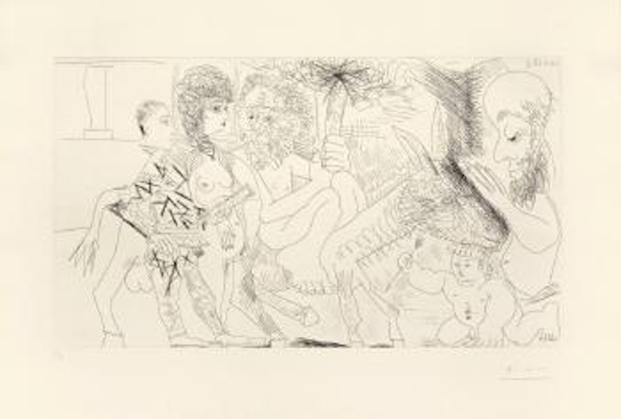 Groupe avec vieillard Ã  la torche sur un Ã¢ne amoureux, femme et arlequin by Pablo Picasso