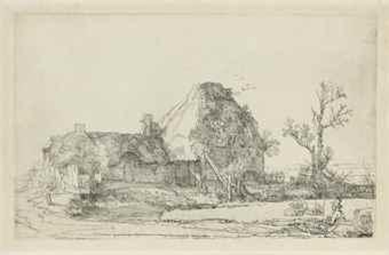 Cottages and Farm Buildings with a Man sketching by Attributed to Rembrandt Harmensz van Rijn