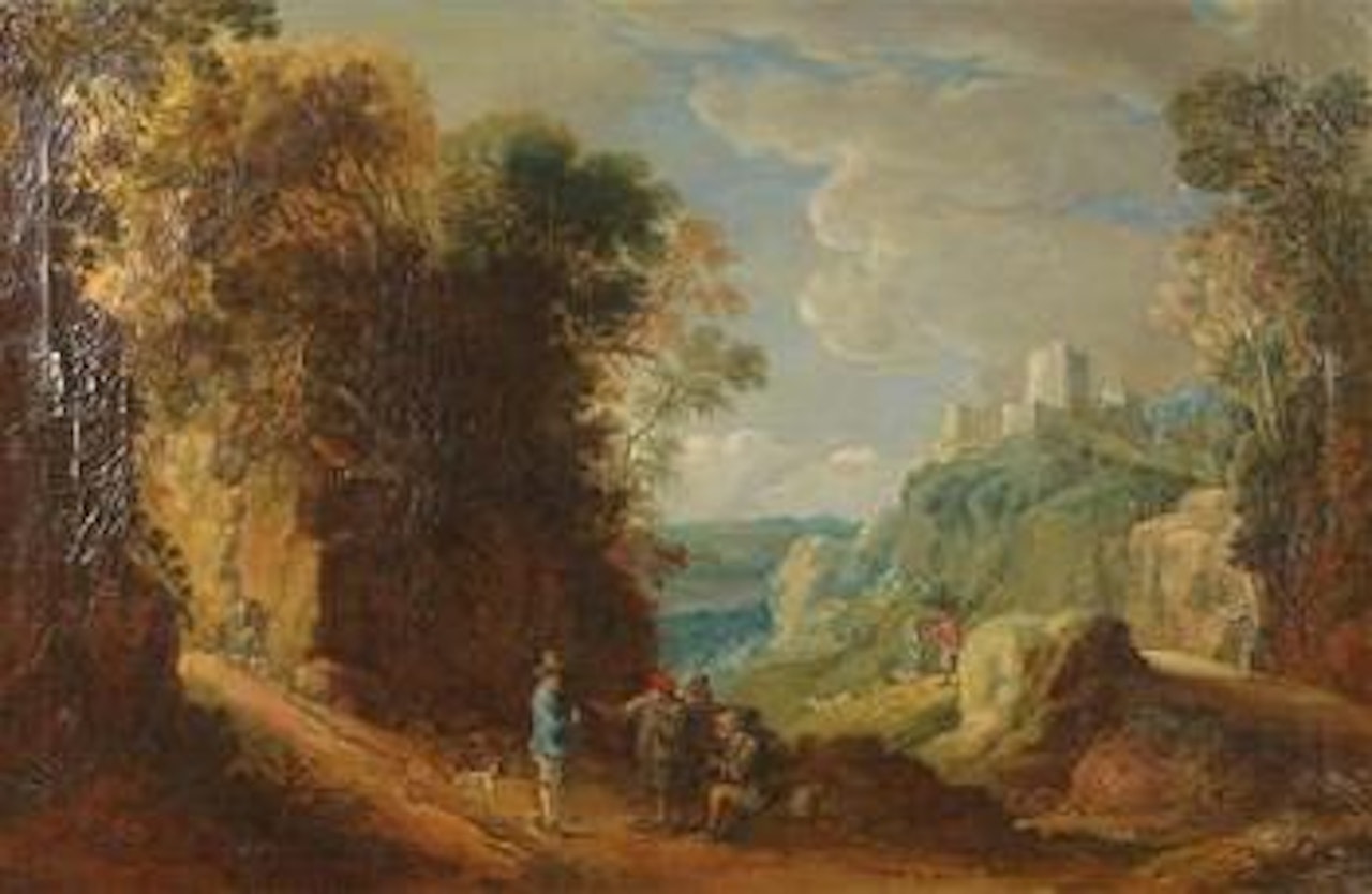 A landscape with travellers and an elevated castle by David Teniers II
