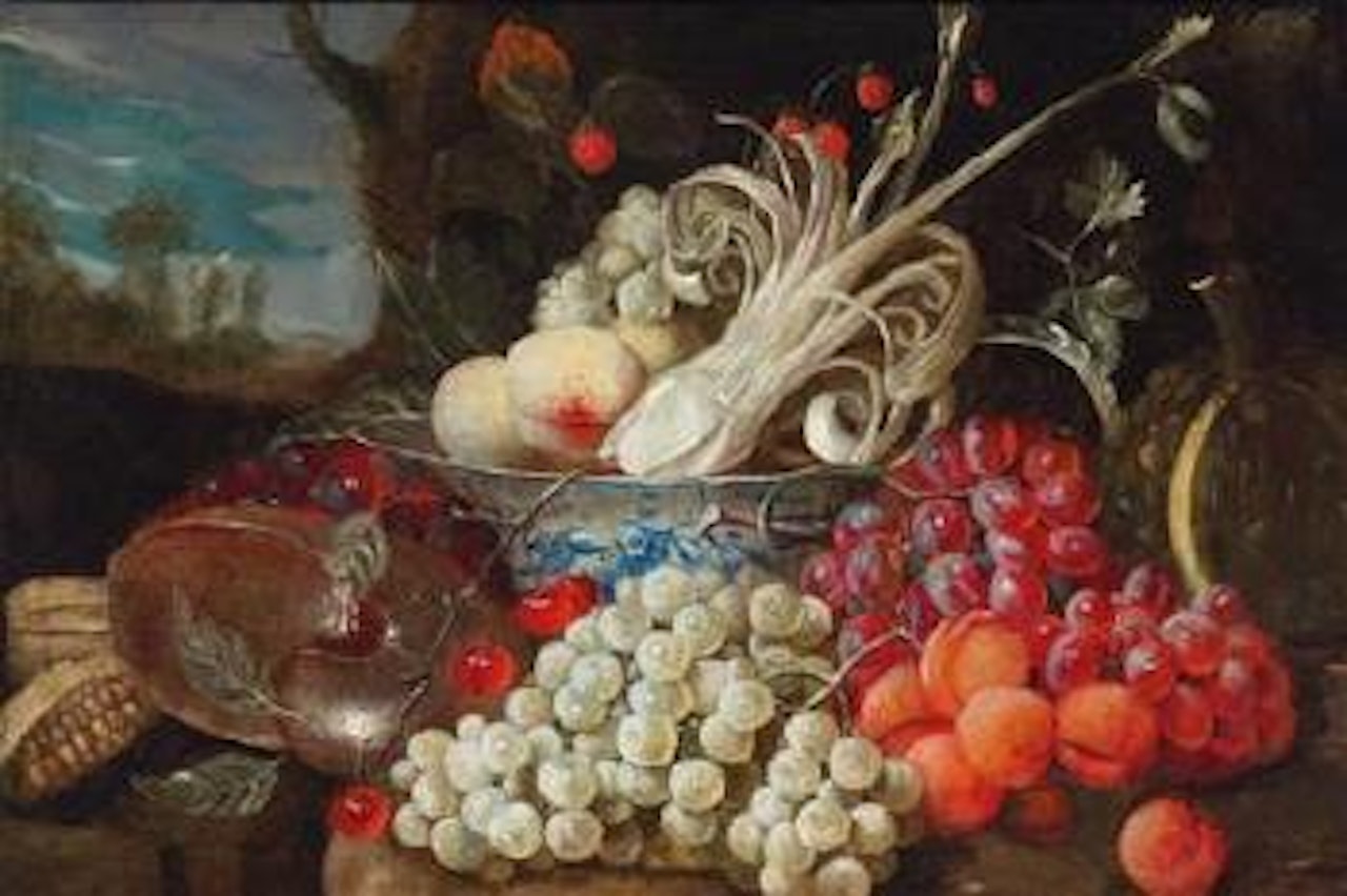 A still life of fruit and vegetables, with a Chinese porcelain bowl and brass vessels by Jan Pauwel Gillemans