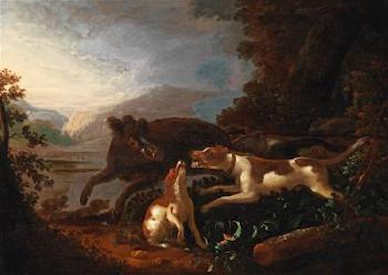 Hounds hunting down a wild boar by Flemish School