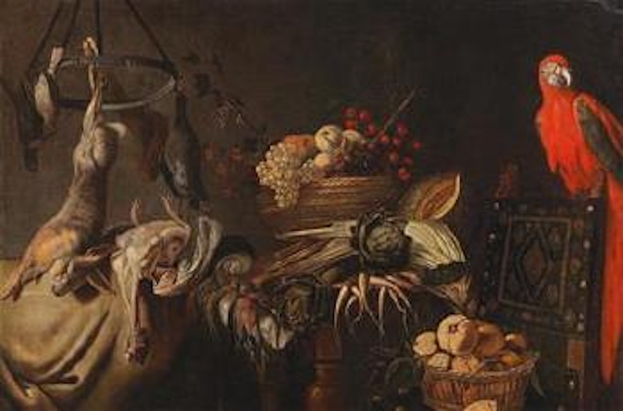 A still life of fruit and vegetables with a parrot and shot game by Adriaen van Utrecht
