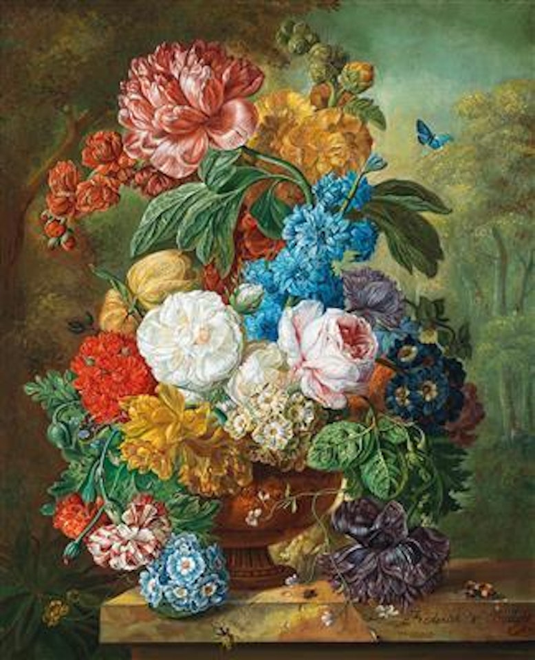 Flower piece with butterflies and bumblebee by Frederick Victor Bailey