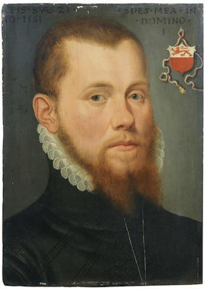 Portrait of a gentleman, bust-length, in black with a white ruff and a silver chain by Adriaen Thomas Key