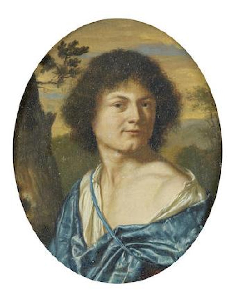 Portrait of a young man, bust-length, in blue and white, before a landscape by Willem van Mieris