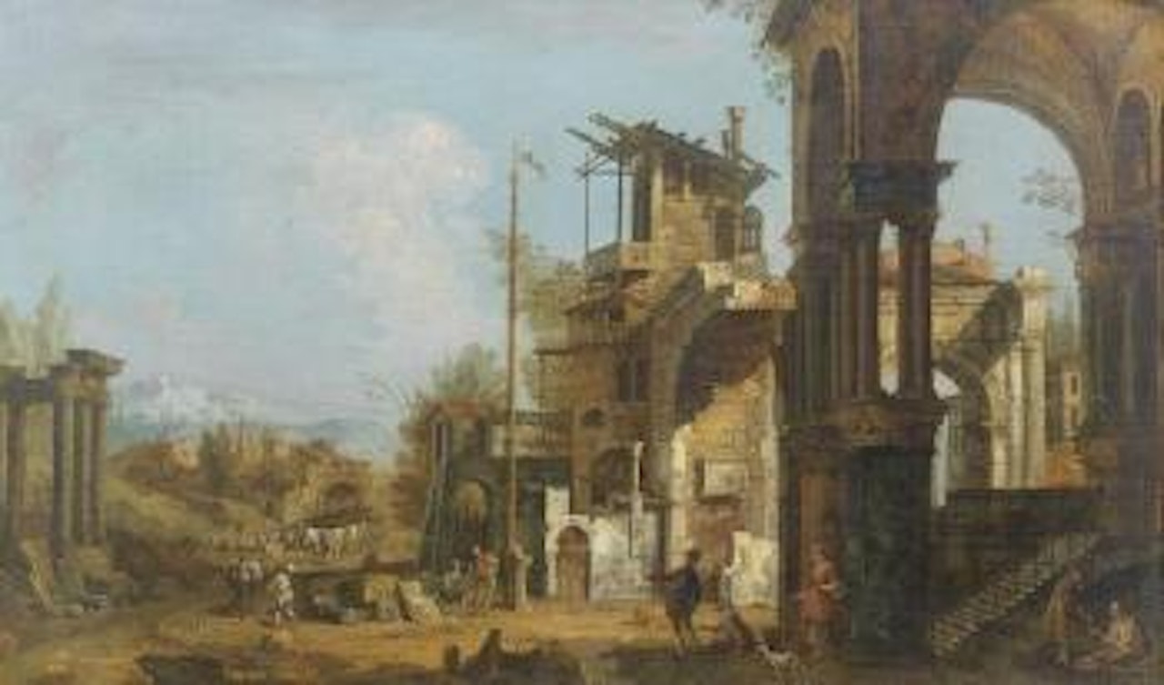 A River Capriccio with a Triumphal Arch and Figures on a Ferryboat; and A capriccio with figures before a portico and a ruined arch beyond by Michele Marieschi