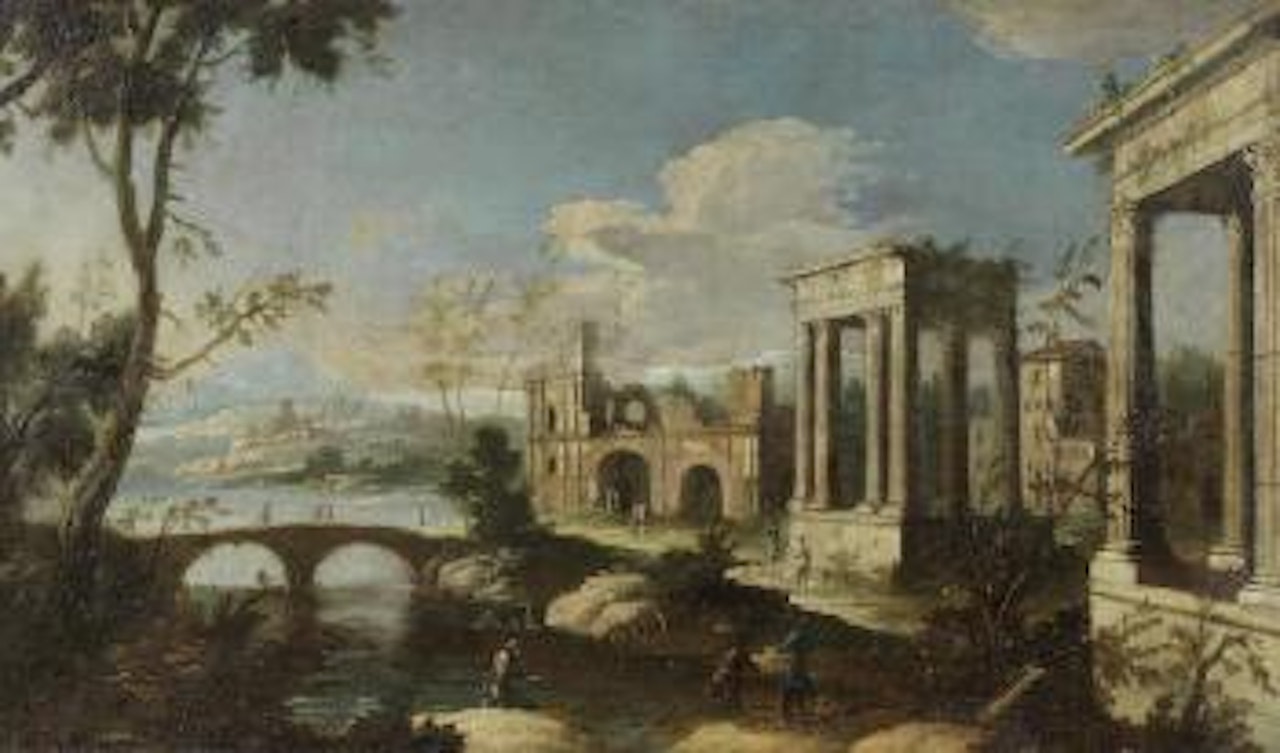 An Extensive River Landscape with Ruins, Figures Crossing a Bridge in The Distance by Apollonio Domenichini