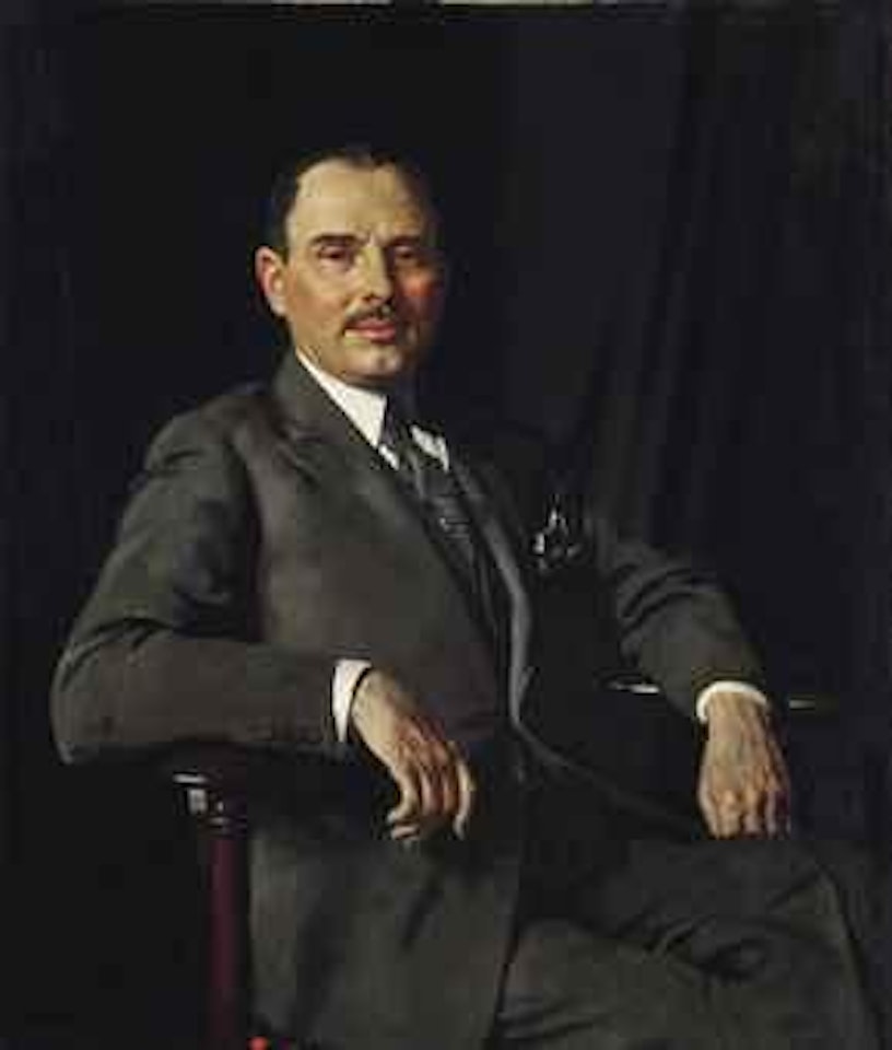 Portrait of Sir Louis Bernhard Baron, seated three-quarter length in a grey suit by William Orpen