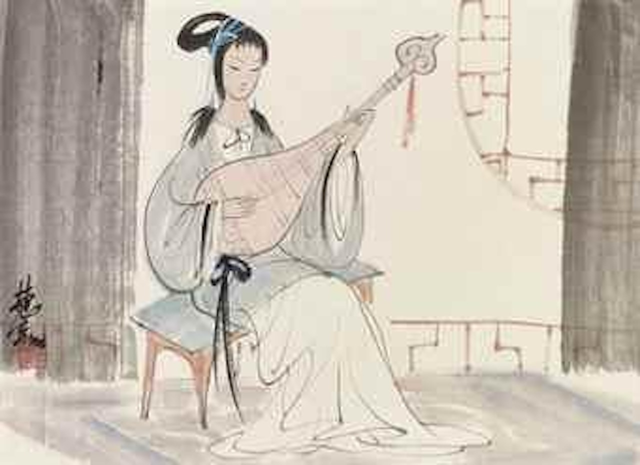 Lady playing Pipa by Lin Fengmian