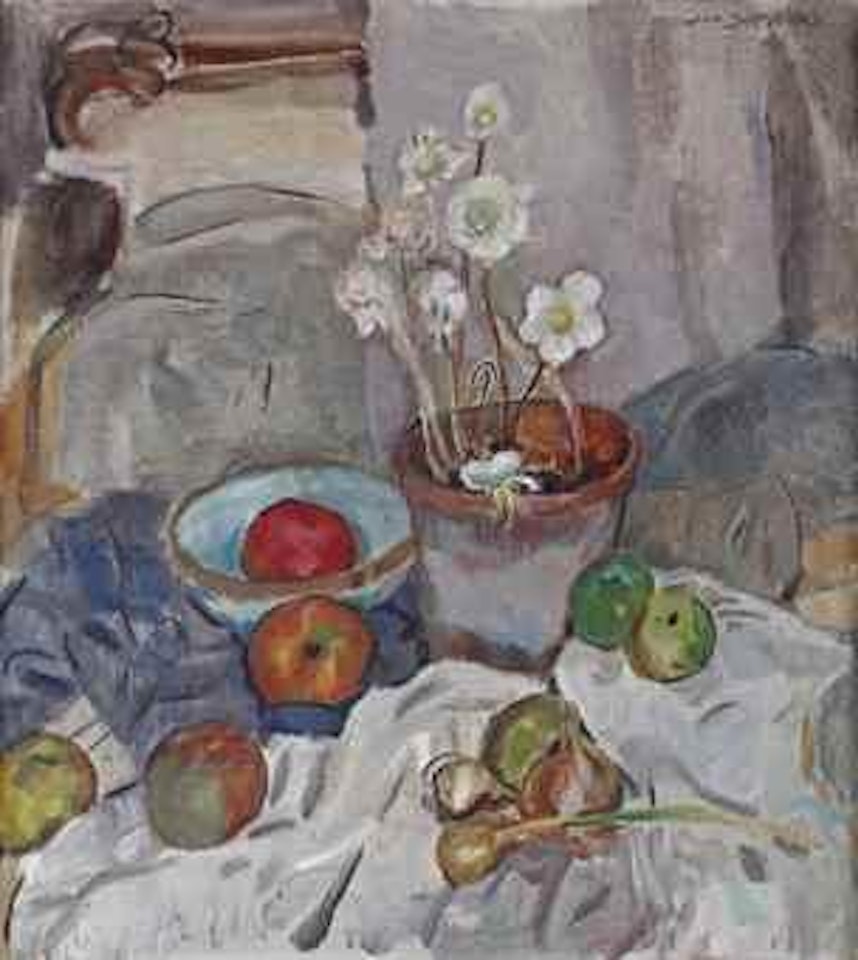 A still life with anemones, apples and onions by Jan Sluyters