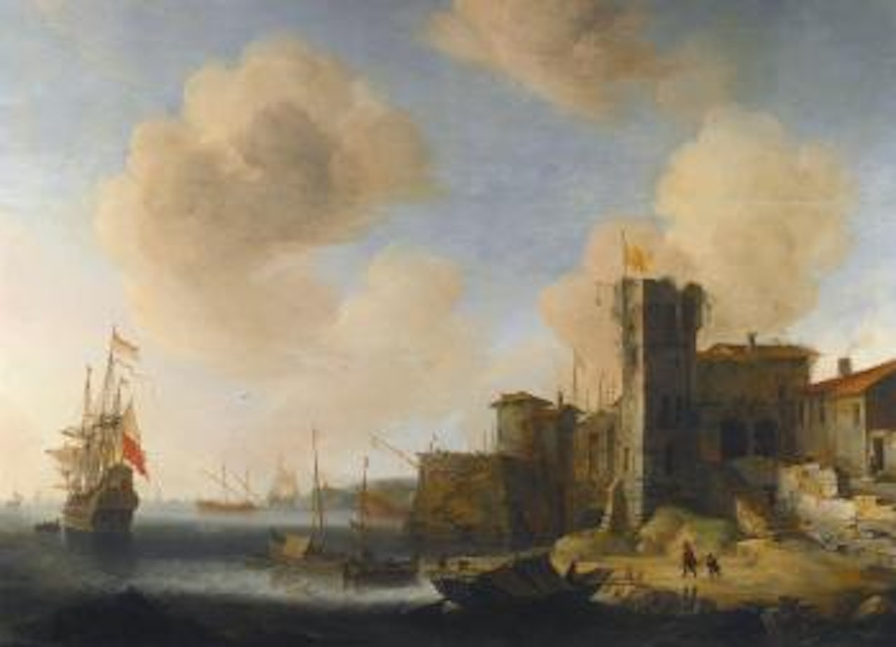 A mediterranean harbour, with The Dutch vessel Profeet Elias at Anchor by Jan Abrahamsz. Beerstraten