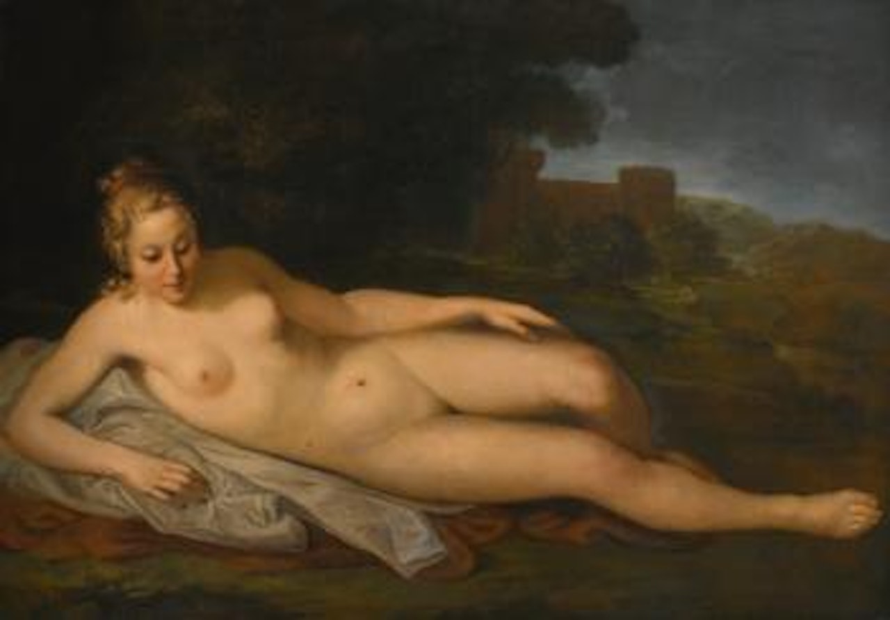 Reclining female nude in a landscape by Venetian School