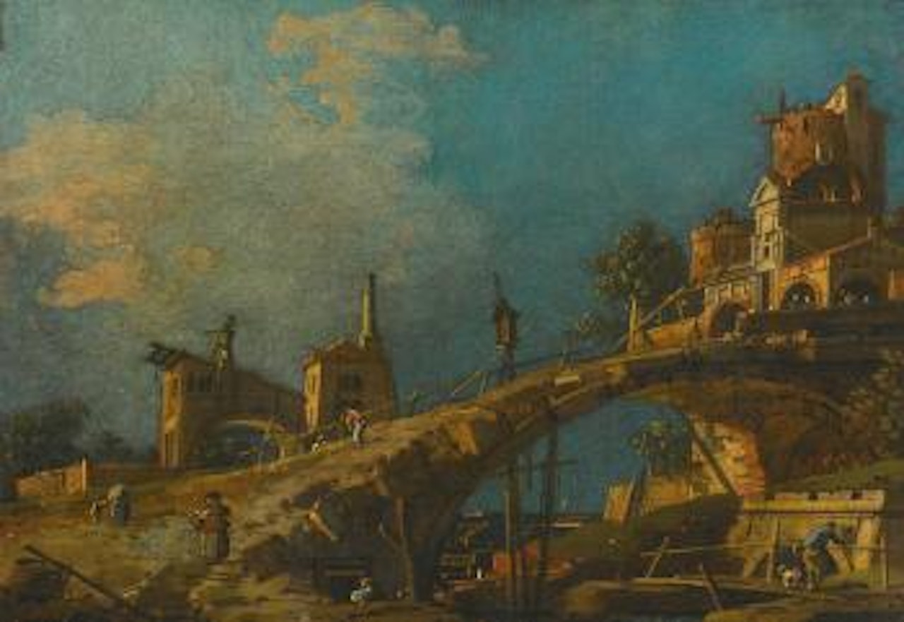 A Capriccio of a bridge leading to a fortress by the Venetian Lagoon by Canaletto