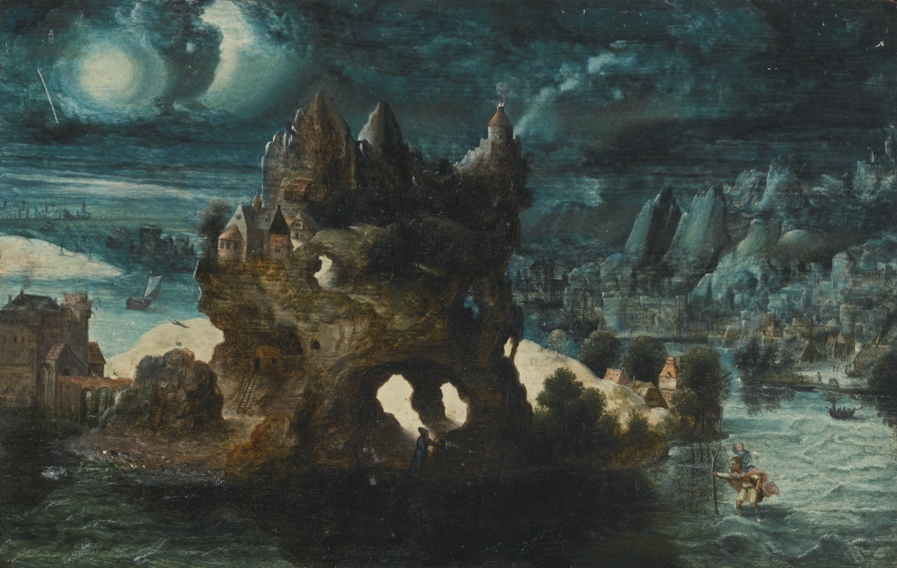 A FANTASTICAL MOONLIT LANDSCAPE WITH ST. CHRISTOPHER�CARRYING THE CHRIST CHILD ACROSS A RIVER by Herri met de Bles