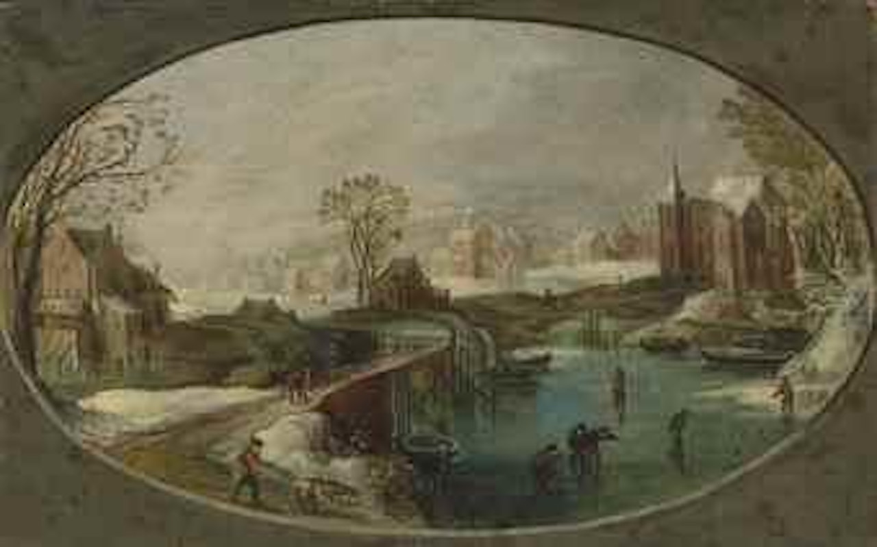 A winter landscape with figures playing games on a frozen river, a faggot-gatherer and a herdsman on a path, a village beyond by Joos de Momper the Younger