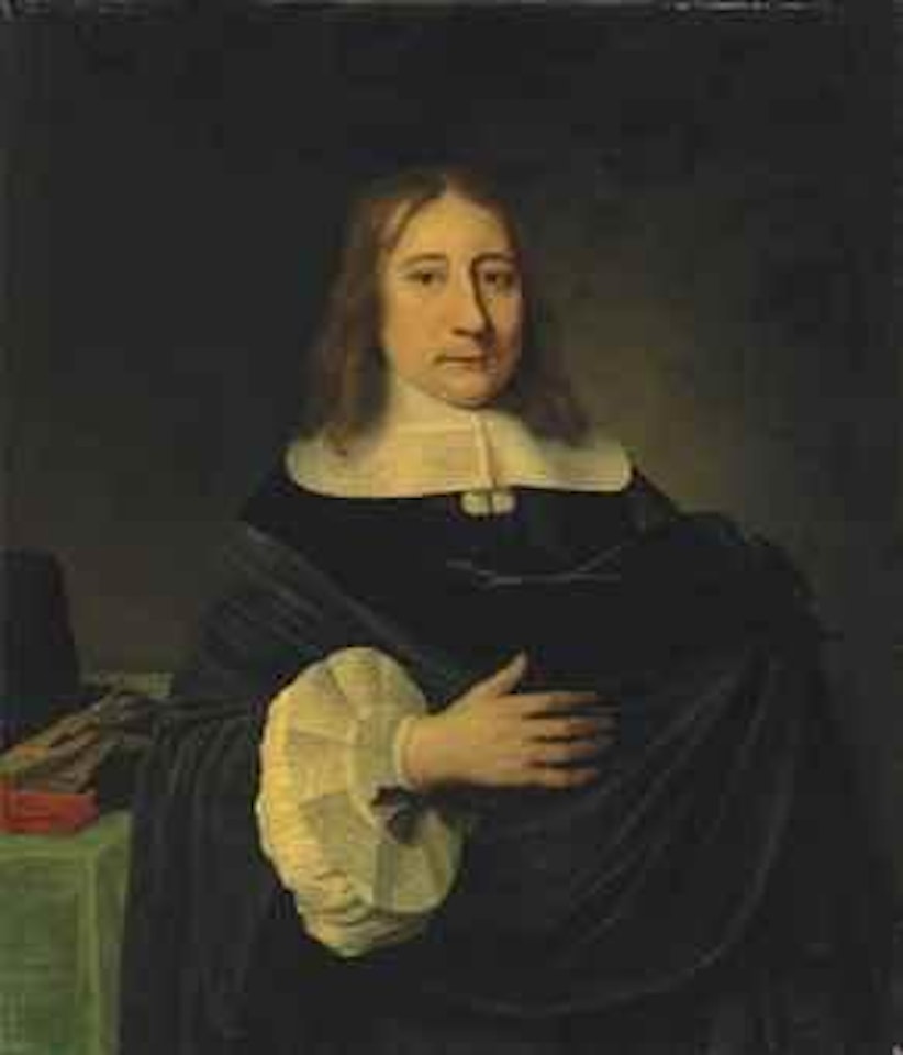 Portrait of a gentleman, half-length, in a black mantle with a lace collar and cuffs, his hat and gloves on the table behind him by Philips de Koninck