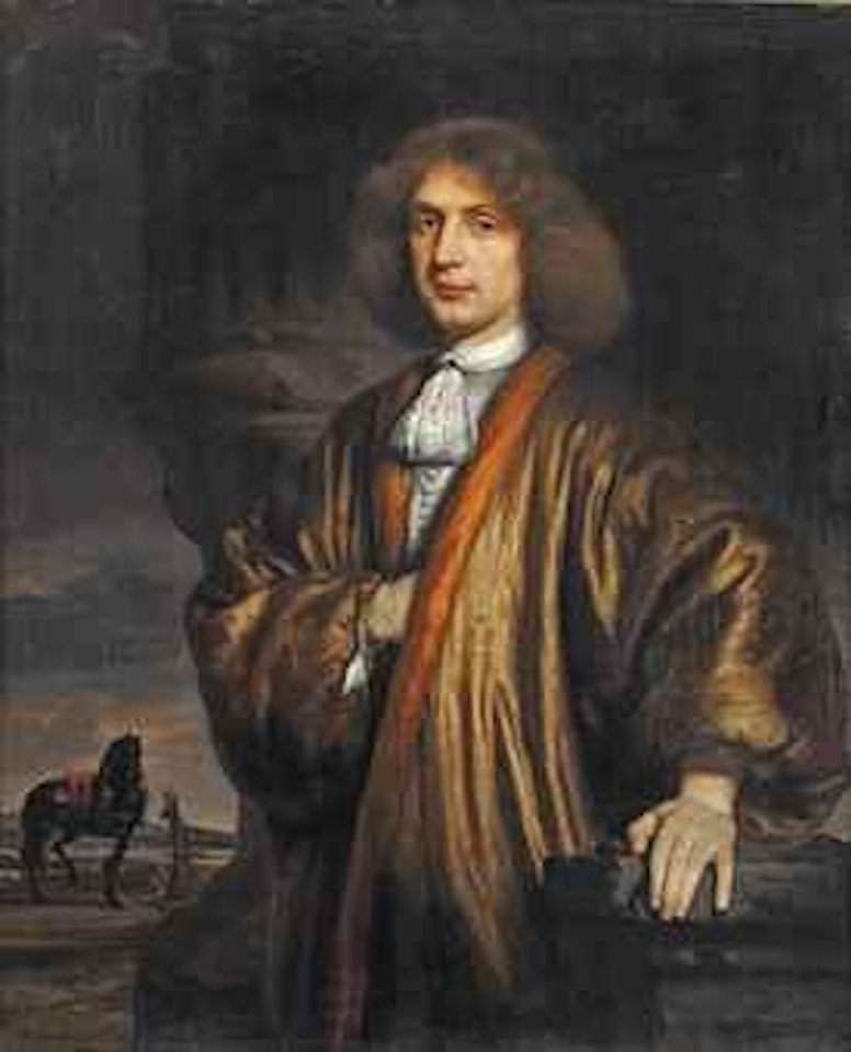 Portrait of a gentleman, half-length, in a 'japonsche rock', a black stallion tethered to a post in an open landscape beyond by Nicolaes Maes