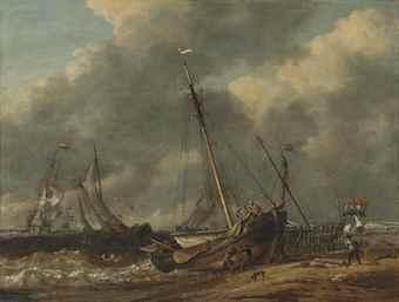A statenjacht and schmalschips in choppy waters, figures landing a schmalschip on the shore by Abraham Storck
