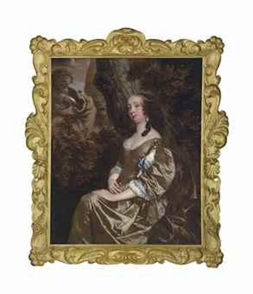 Portrait of Diana Russell, Lady Newport (1624-1694), three-quarter-length, in an oyster satin dress embellished with jewels, in a wooded landscape by Sir Peter Lely