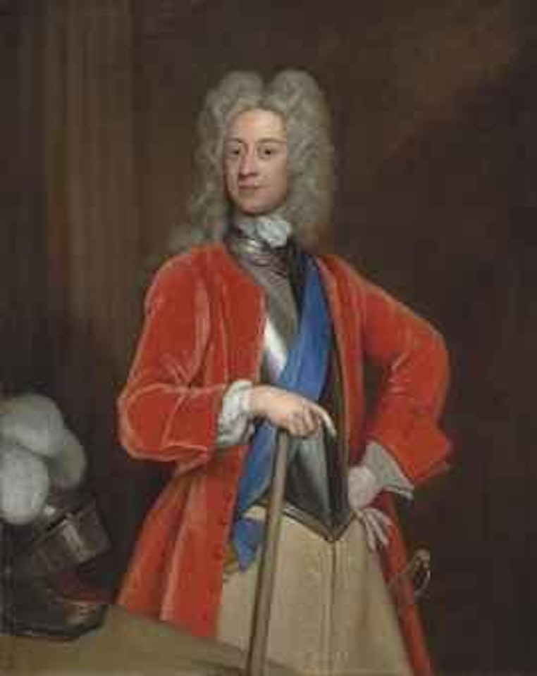 Portrait of King George II (1683-1760), as Prince of Wales, three-quarter-length, in a silver breastplate, a red frock coat, and a blue sash, a plumed helmet resting on the table beside him by Godfrey Kneller