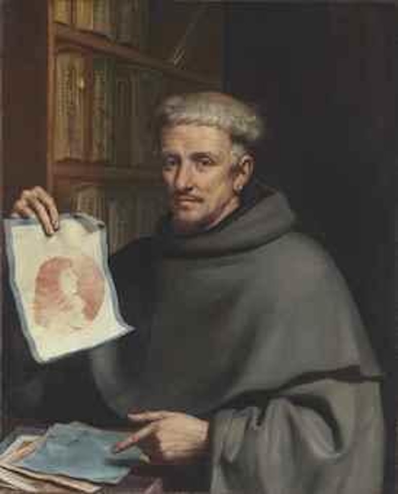 Portrait of Fra Bonaventura Bisi (1601-1659), called Il Pittorino, half-length, holding a drawing of Alfonso IV, Duke of Modena by Guercino