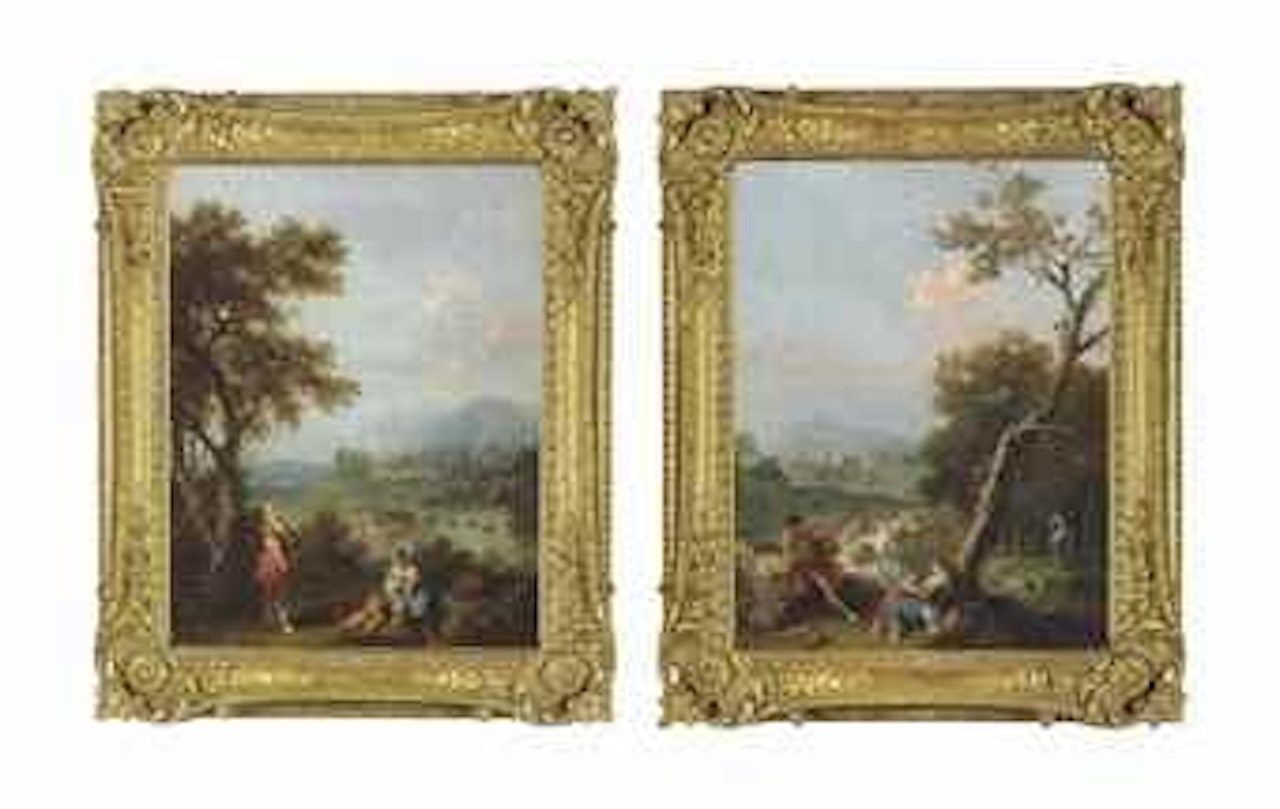 An Italianate landscape with washerwomen, a child playing and a man fishing beyond; and An Italianate landscape with young women and a fisherman before a cascade by Francesco Zuccarelli