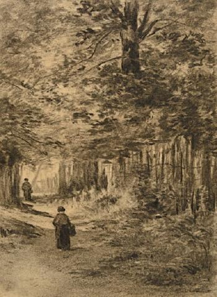 Jeunes femmes dans un chemin de sous bois by Léon Augustin Lhermitte