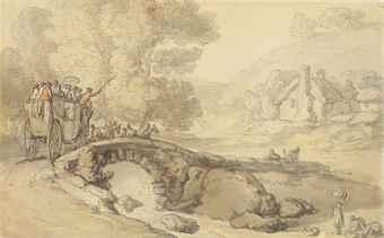 A crowded stagecoach crossing a bridge by Thomas Rowlandson
