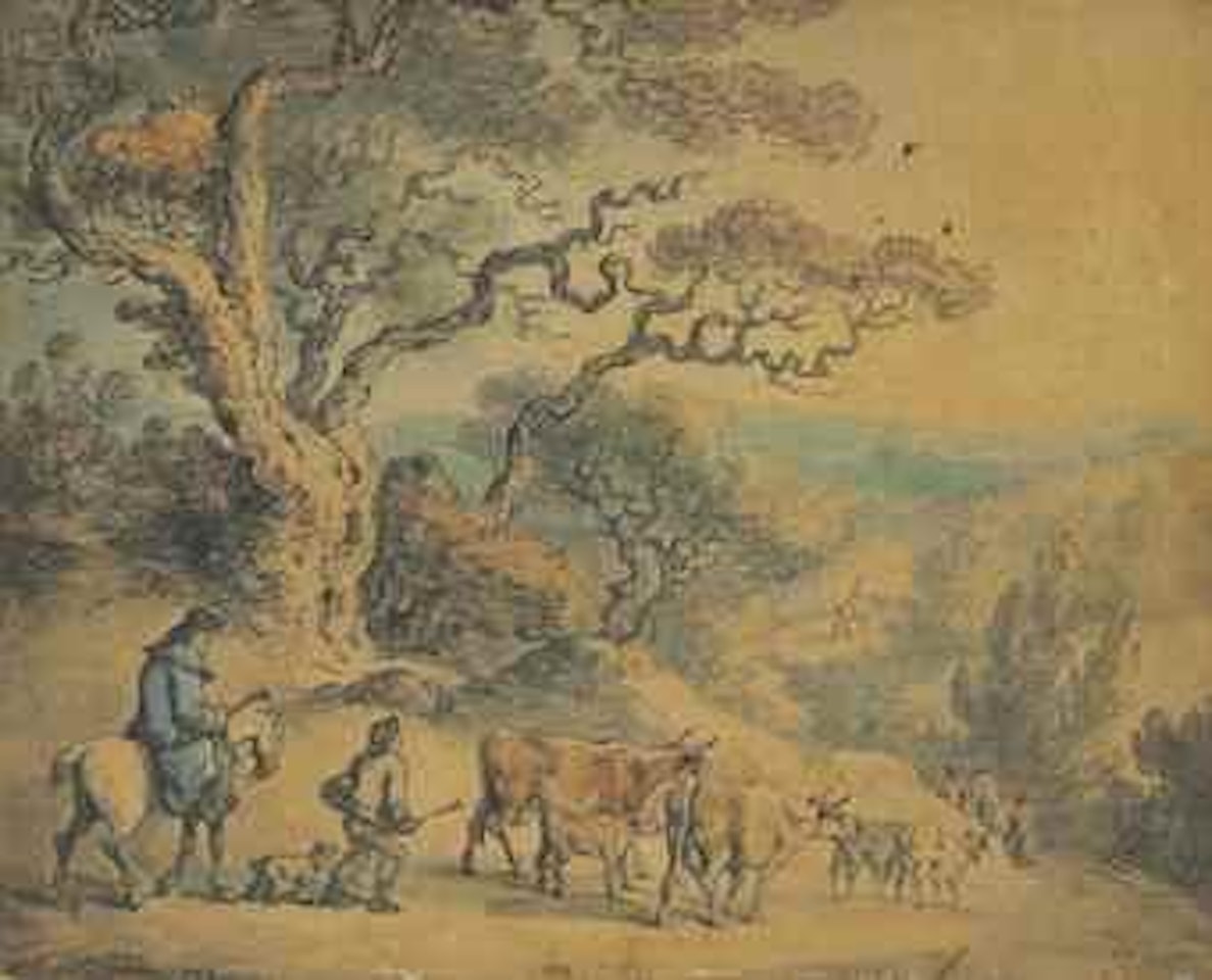 Drovers herding cattle along a winding track by Thomas Rowlandson