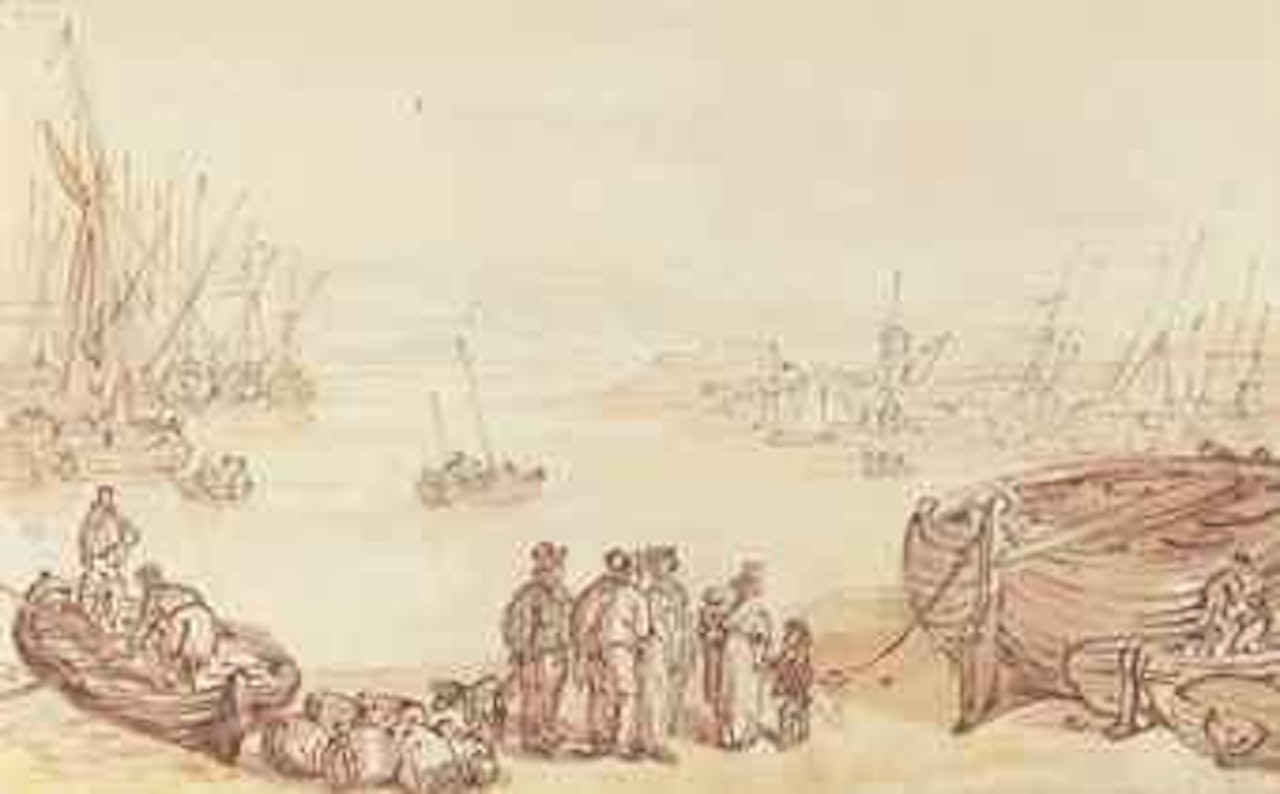 Figures on the shore with beached shipping at low tide; and Spare the child by Thomas Rowlandson