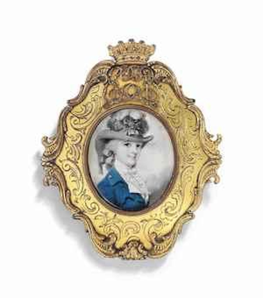 A young lady, in blue riding habit, her grey ribboned hat trimmed with feathers by Richard Cosway