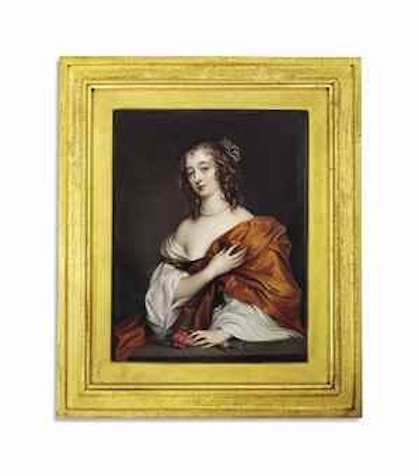 Anne Villiers, Countess of Morton (c. 1610-1654), in white dress and gold silk shawl draped over her left shoulder, wearing pearls, her left hand resting on a plinth set with two pink roses by Henry Pierce Bone by Anthony van Dyck