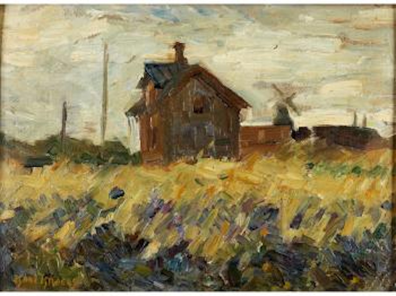 Holzhaus und Windmühle hinter scheunen im weizenfeld by Isaac Israels
