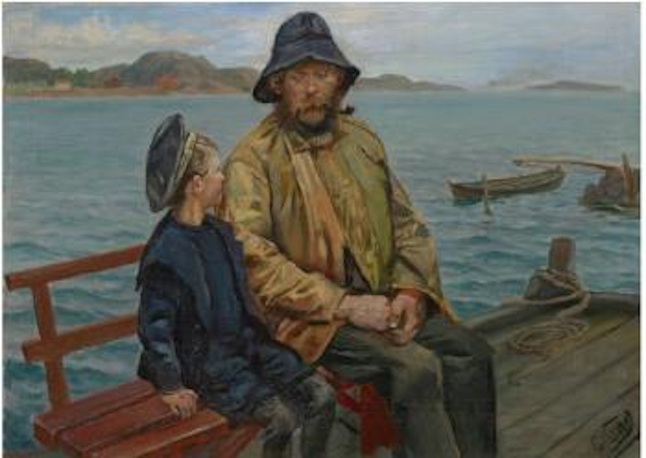 Fisker og gutt på bryggen by Christian Krohg