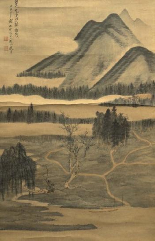 Paysage montagneux dans la brume et trois chemins by Xie Zhiliu