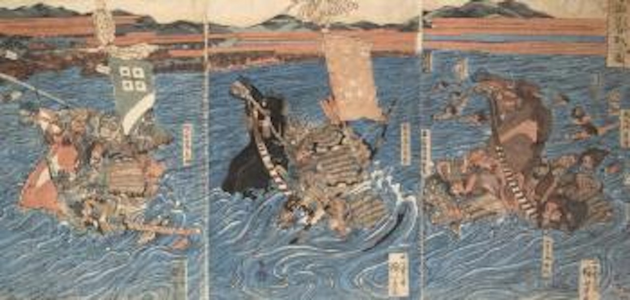 Samouraï à cheval se battant dans une rivière by Utagawa Kuniyoshi