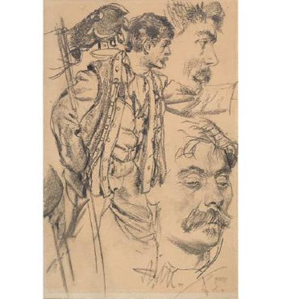 Studie eines Soldaten sowie ergänzende Studien von Kopf und Händen by Adolph Menzel