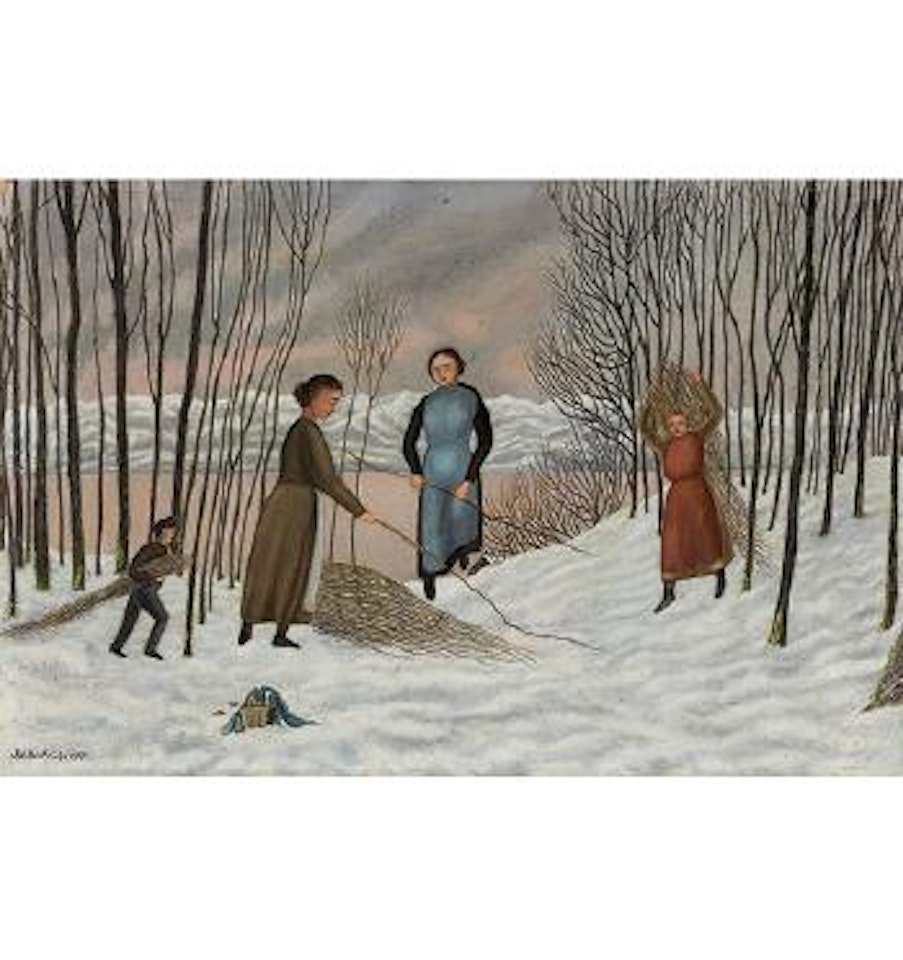 Frauen und Kinder, Holz sammelnd im Schnee by Adolf Dietrich