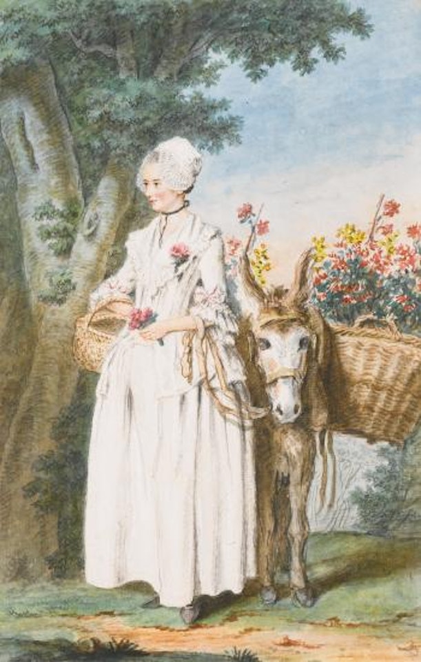 A Milkmaid and a Donkey Carrying Two Large Baskets of Flowers in a Wood by Louis Carrogis Carmontelle