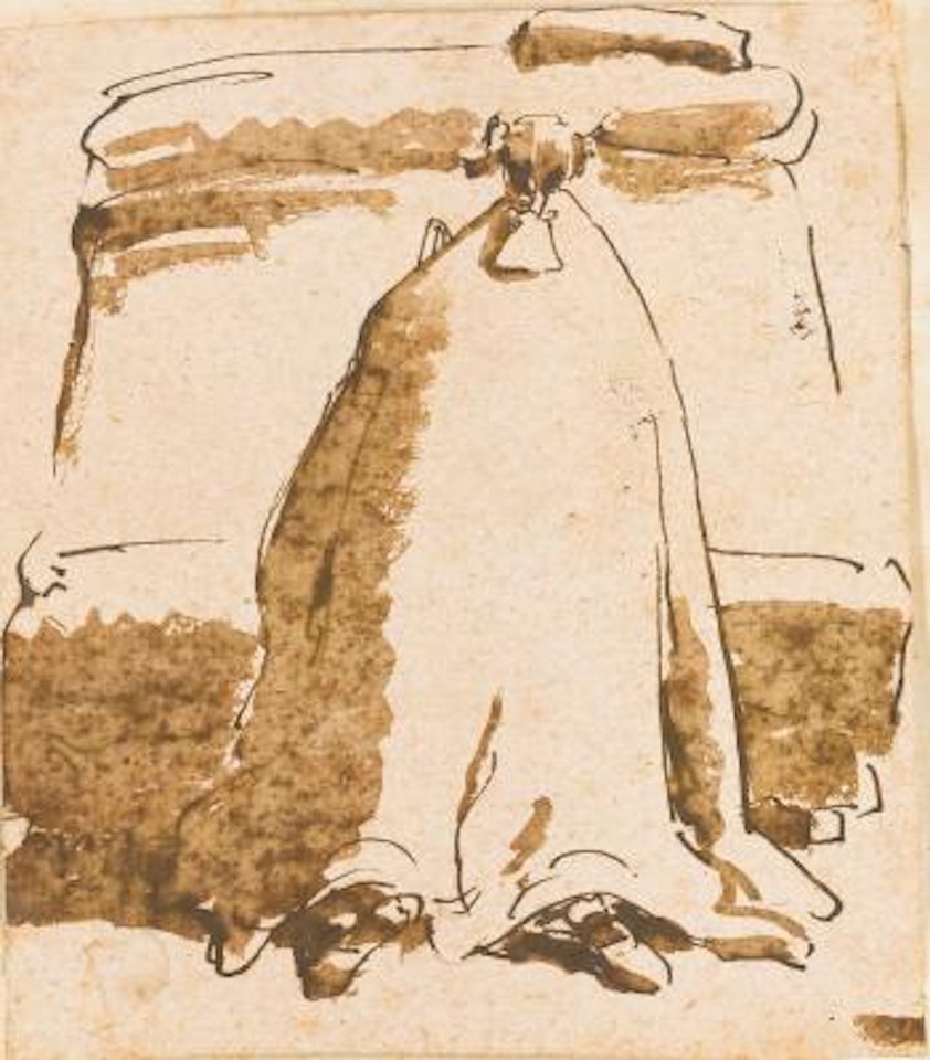 Caricature of a Kneeling Man, Wearing a Mantle, Praying in Front of His Bed by Giovanni Domenico Tiepolo