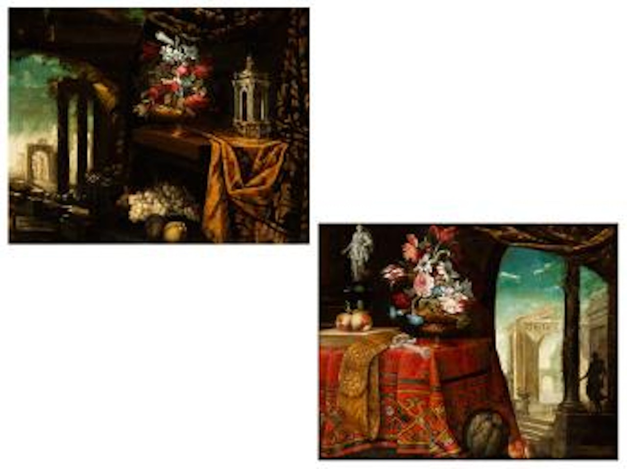 Zwei stillleben mit Blumenvase, Früchten und klassischen Ruinen im hintergrund by Pier Francesco Cittadini