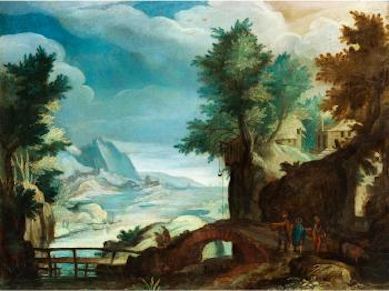 Landschaft mit Flusslauf, Steinbrücke, Gebäuden und Figurenstaffage by Paul Bril