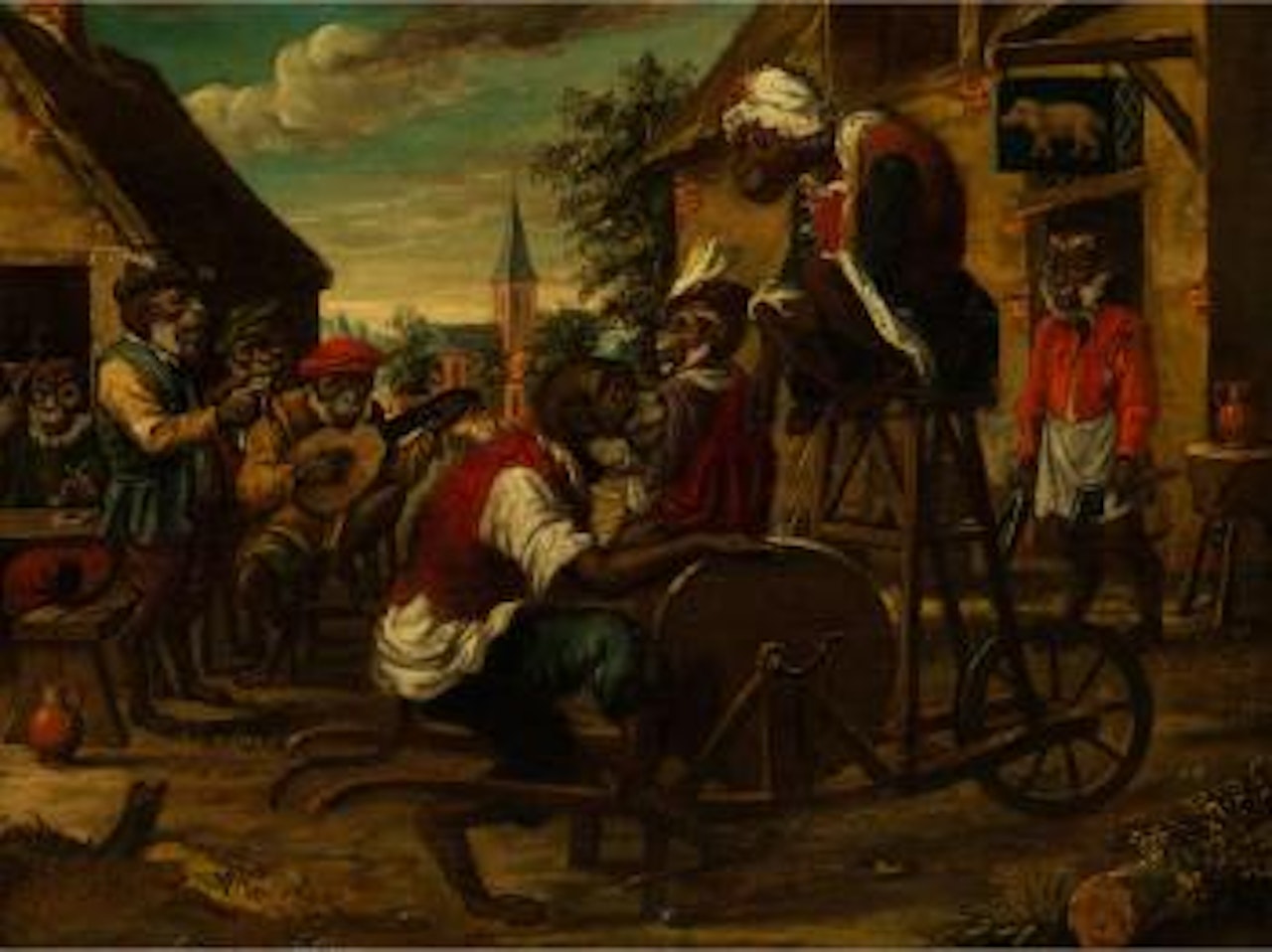 Dörfliche Affenszenerie by Flemish School