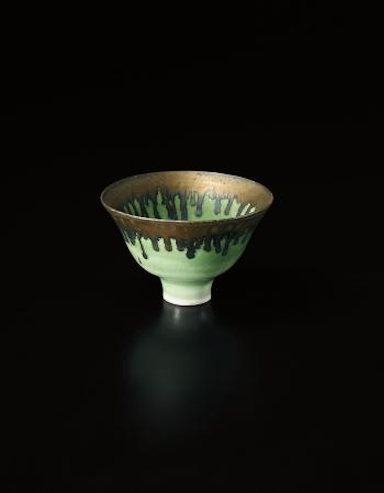 Green Bowl with Golden Lip by Lucie Rie