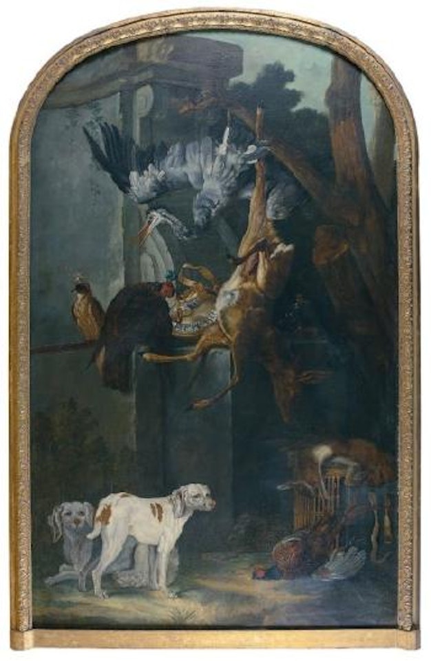Trophée de chasse au chevreuil au faucon, gibecière, héron et chien de chasse gardant un trophée by French School by Jean-Baptiste Oudry