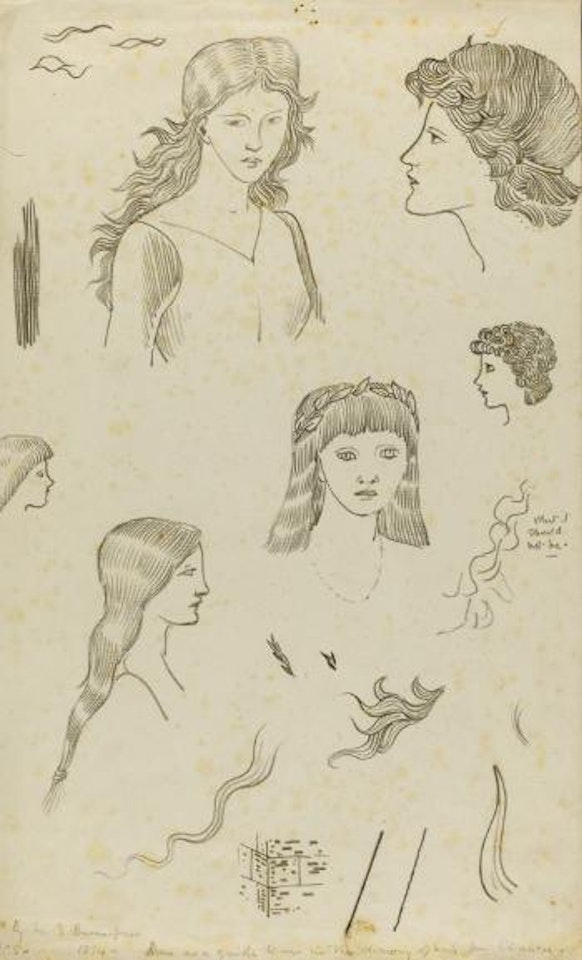 Three sheets of pencil drawings, comprising: 1): Drawings of hair; 2): drawings of foliage, boat and stonework, etc.; 3): Drawings of Foliage and Trees by Edward Coley Burne-Jones