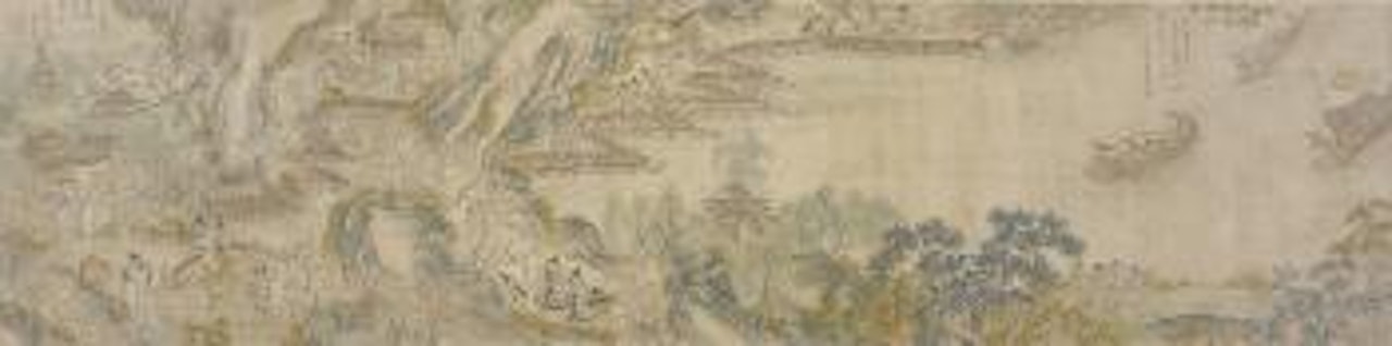 Boats and figures in front of a temple complex by Chinese School